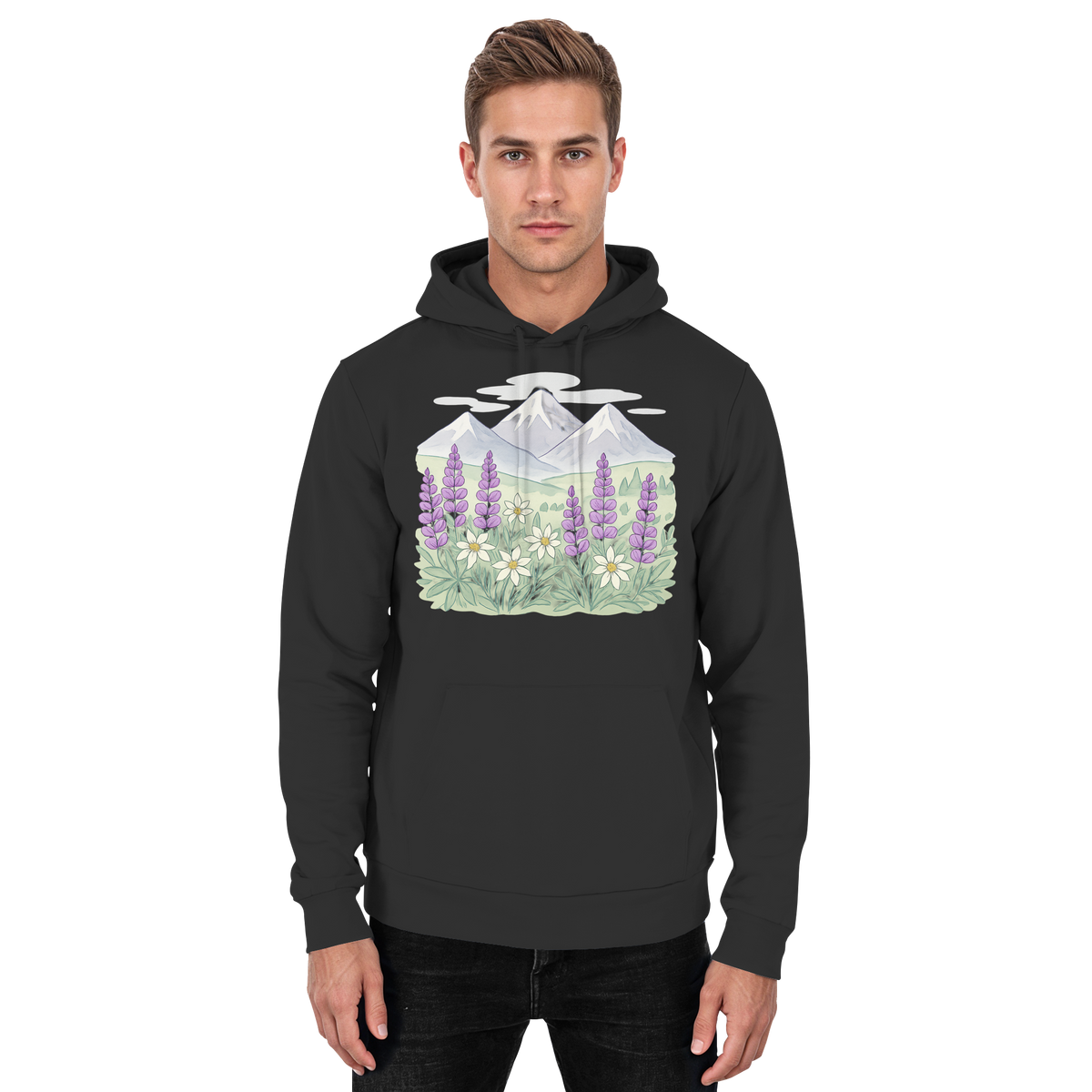 Black Arvenzo Alpine Bloom hoodie with front design, basic unisex fit, casual style, and soft fabric.