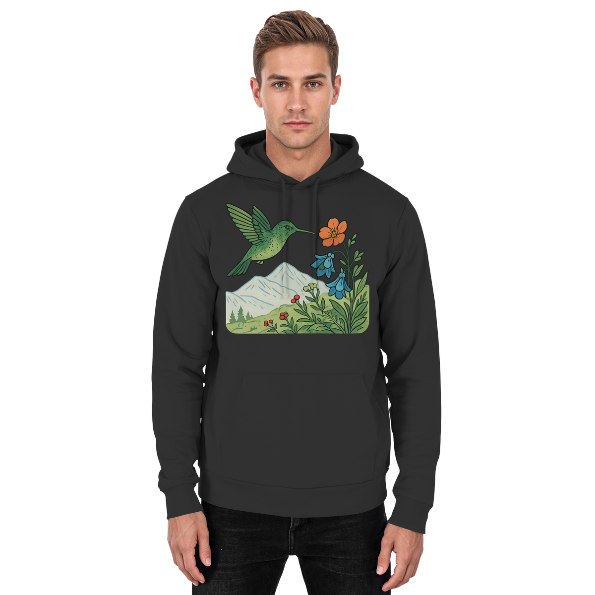 Front view of Arvenzo Bloom Wing Hoodie, a unisex black hoodie with a simple design and comfortable fit.