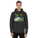 Front view of Arvenzo Bloom Wing Hoodie, a unisex black hoodie with a simple design and comfortable fit.
