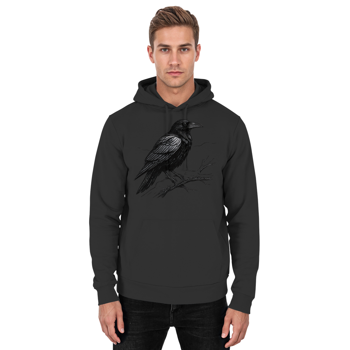 Front view of Arvenzo Dark Raven Hoodie in deep black, unisex hoodie with a simple, classic design.