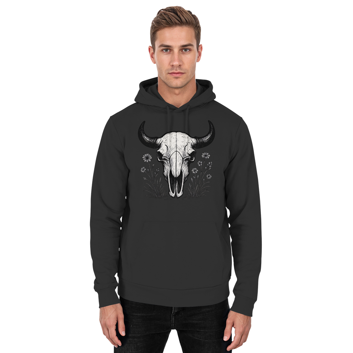 Black unisex hoodie by Arvenzo featuring a front design with a bison skull graphic, casual and comfortable fashion.