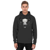 Black unisex hoodie by Arvenzo featuring a front design with a bison skull graphic, casual and comfortable fashion.