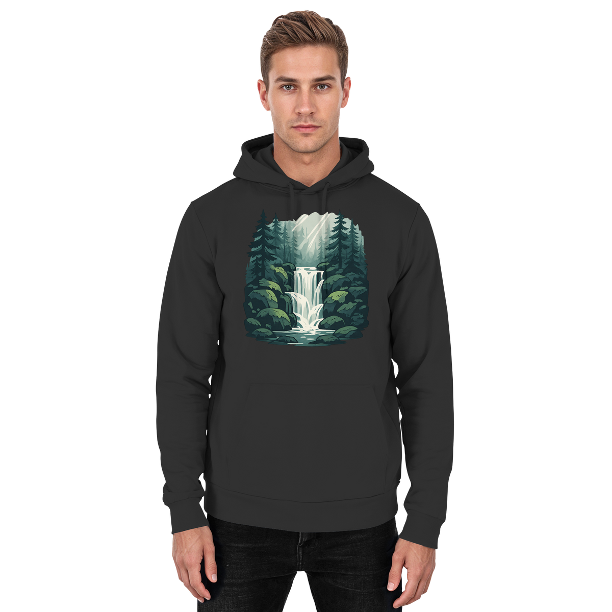 Black Fall Creek hoodie by Arvenzo, front view showing a classic unisex hoodie with a simple design and adjustable drawstrings.