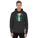 Black Fall Creek hoodie by Arvenzo, front view showing a classic unisex hoodie with a simple design and adjustable drawstrings.