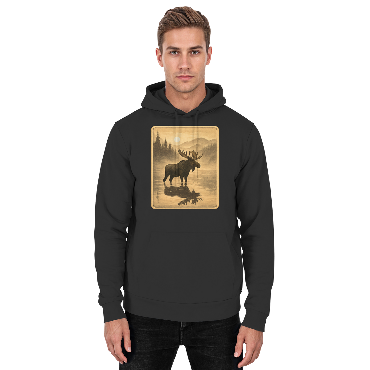 Black unisex hoodie from Arvenzo's Calm Shore collection, featuring a front design on a deep black fabric.