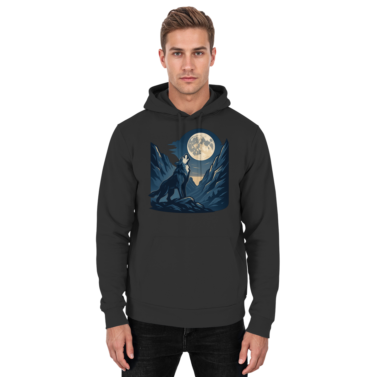 Front view of Arvenzo Silver Howl unisex hoodie in deep black, featuring a simple, stylish design and a comfortable fit.