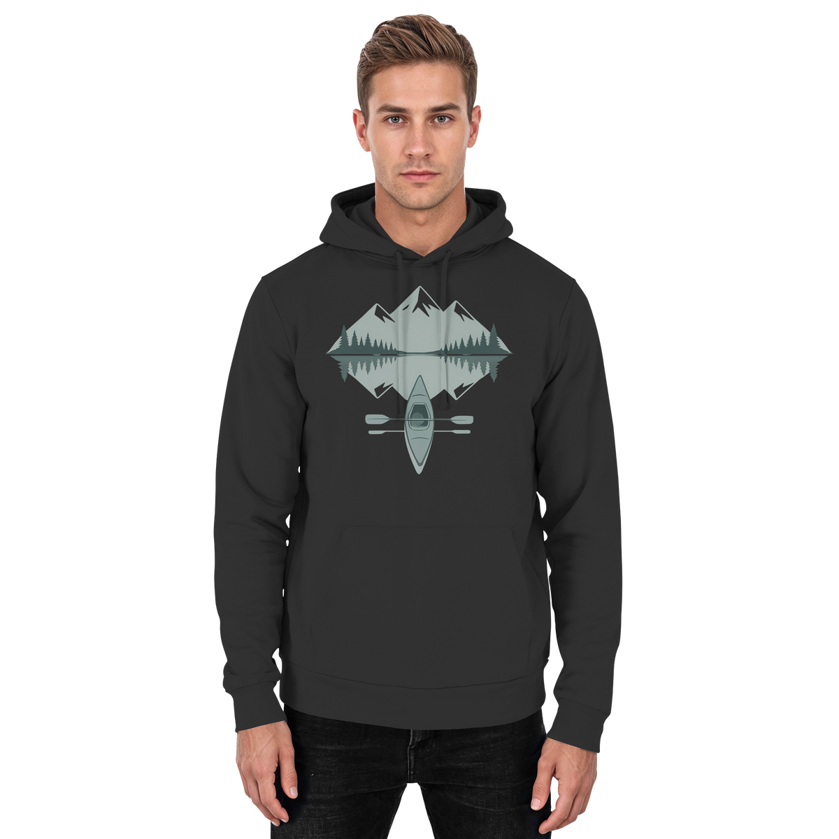Front view of Arvenzo Mirror Lake Hoodie in deep black, unisex design with a simple, classic hoodie style.