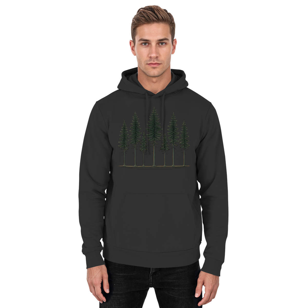 Deep black Arvenzo Pine Dusk Hoodie, front view featuring a classic unisex hoodie design with a cozy fit.