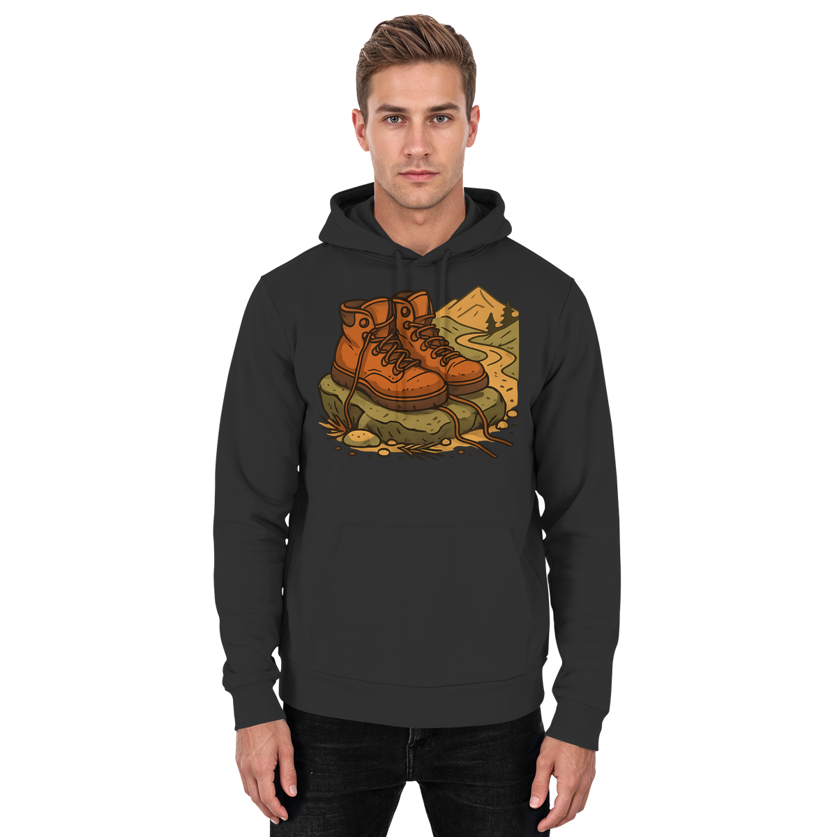 Front view of Arvenzo Trail Rest Hoodie, a basic unisex black hoodie with a simple design and comfortable fit.