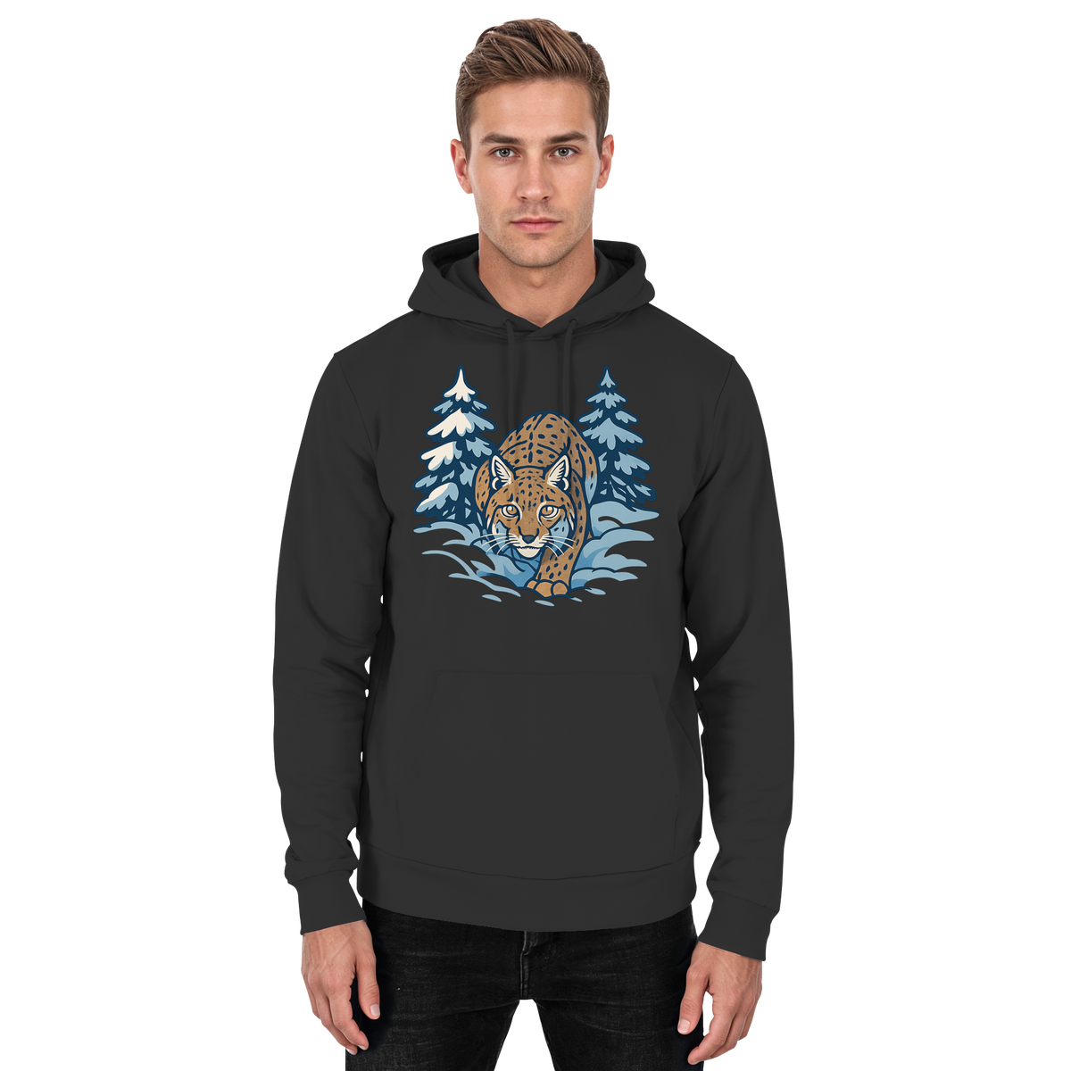 Front view of Arvenzo Snow Lynx hoodie in deep black, unisex design with a simple, clean look and cozy fit.