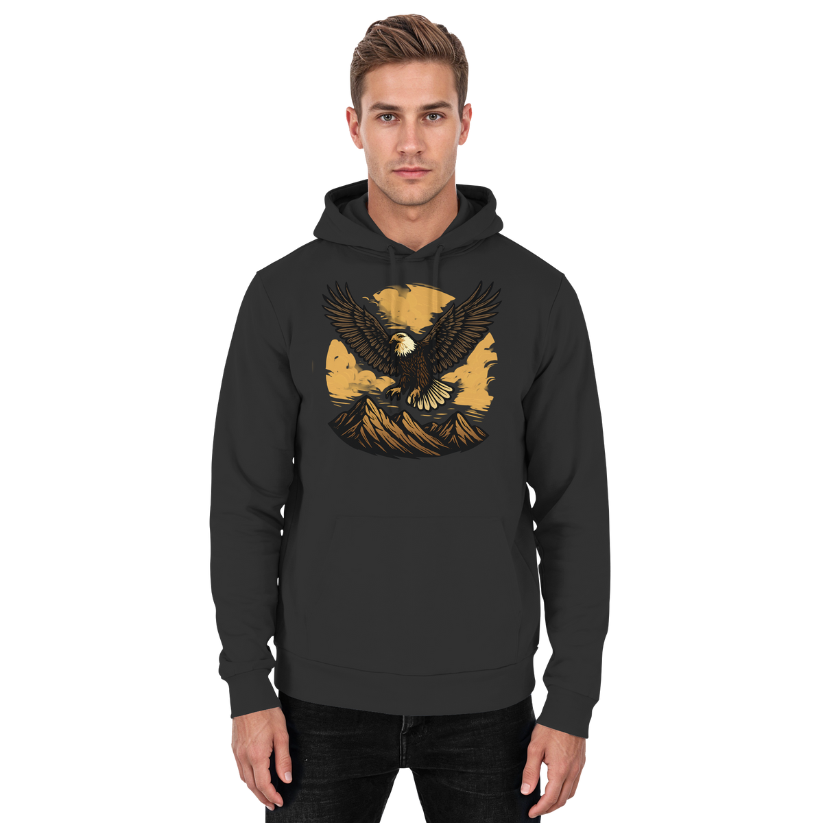 Front view of Arvenzo Iron Wing unisex hoodie in deep black, showcasing a simple, stylish hoodie design.