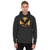 Front view of Arvenzo Iron Wing unisex hoodie in deep black, showcasing a simple, stylish hoodie design.
