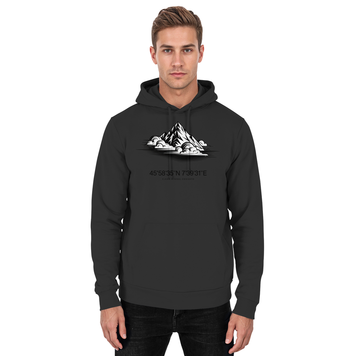 Black unisex Summit Point Hoodie by Arvenzo, front view showcasing a simple, comfortable design with a hood and casual fit.