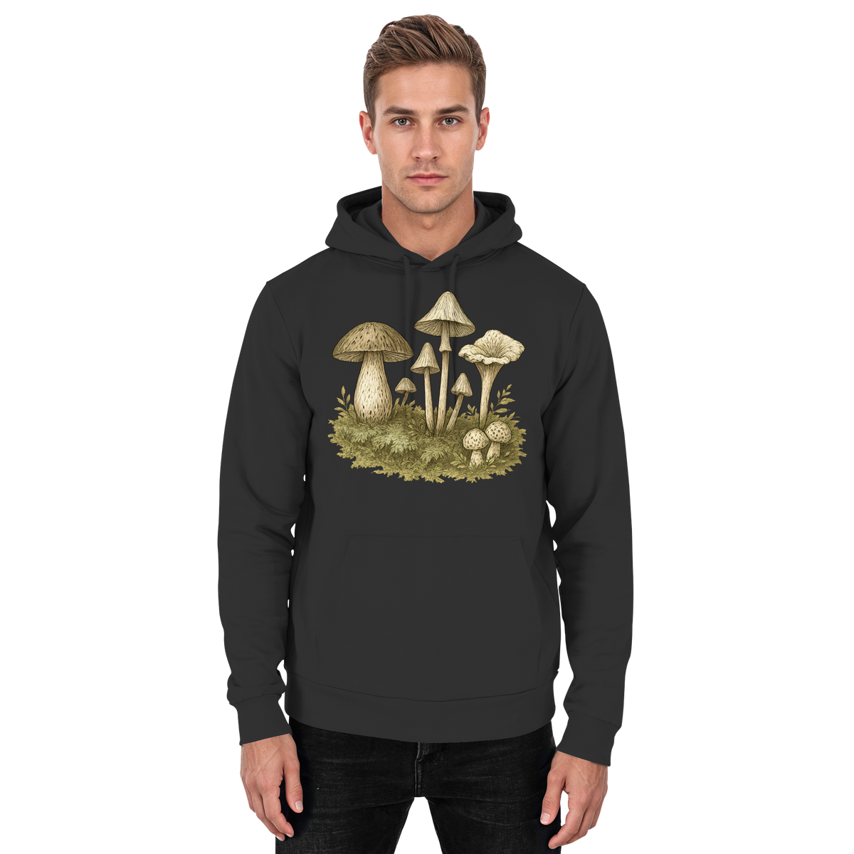 Front view of Arvenzo Forest Floor Hoodie, a unisex black hoodie with a simple, stylish design and a comfortable fit.