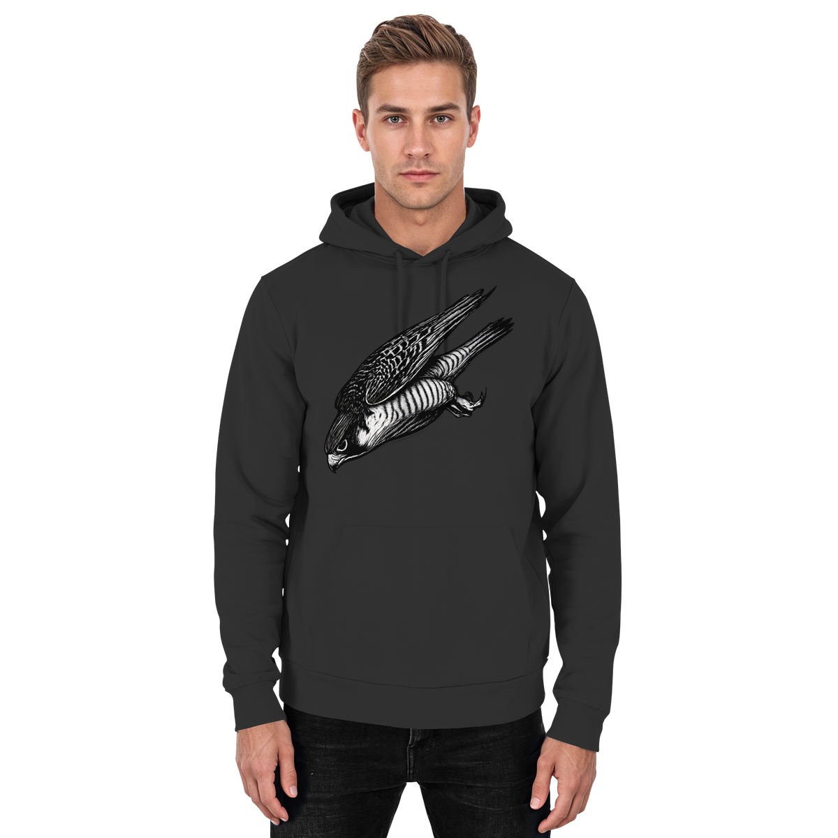 Front view of Arvenzo Swift Dive Hoodie, a basic unisex deep black hoodie with a simple design and soft fabric.