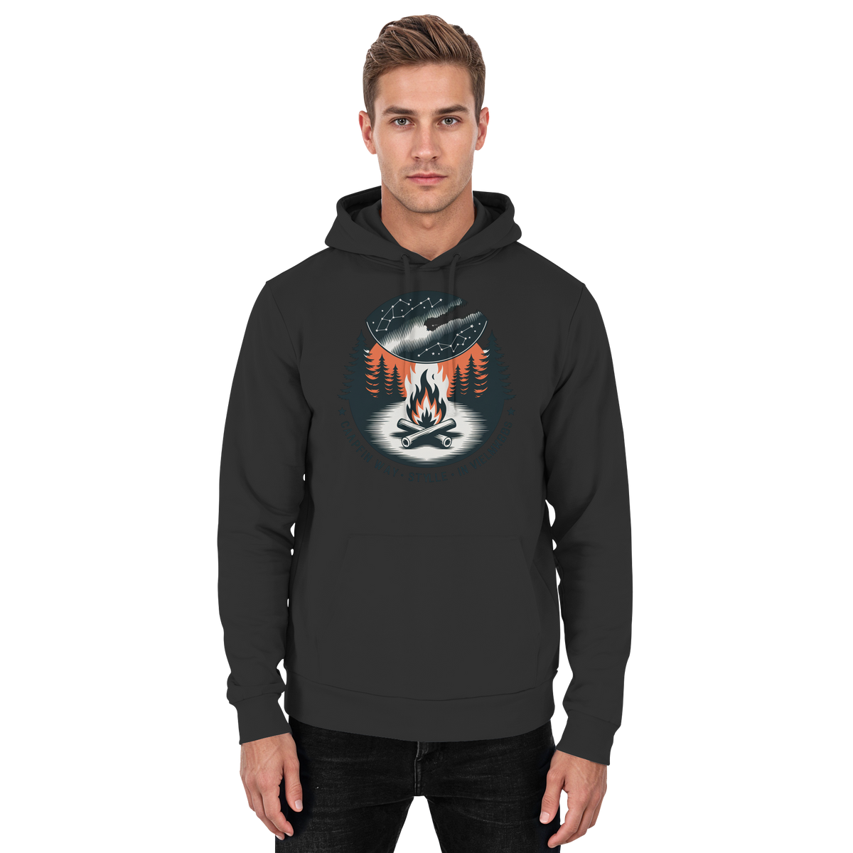 Front view of Arvenzo Star Map Hoodie in deep black, unisex design with a star map graphic on the front.