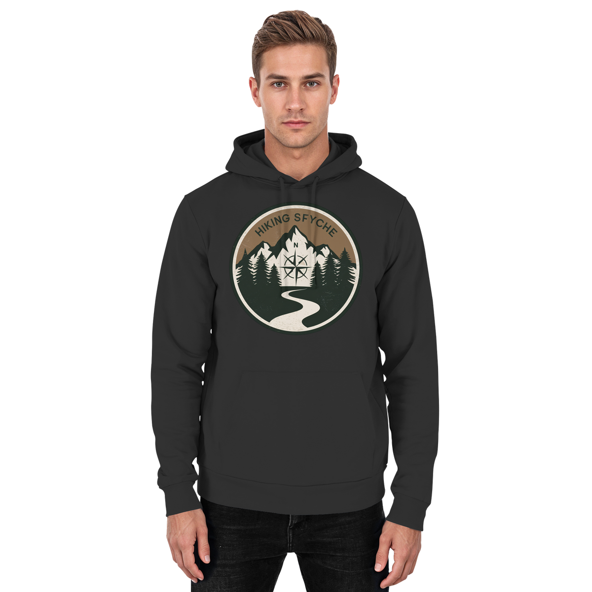 Unisex black Trail Crest Hoodie by Arvenzo featuring a front view, simple design, and comfortable fit.