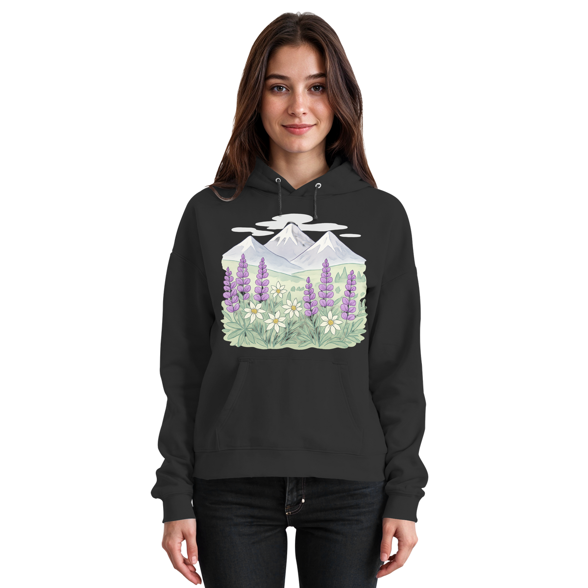 Black Arvenzo Alpine Bloom Hoodie with front design, unisex fit, casual style, and soft fabric.