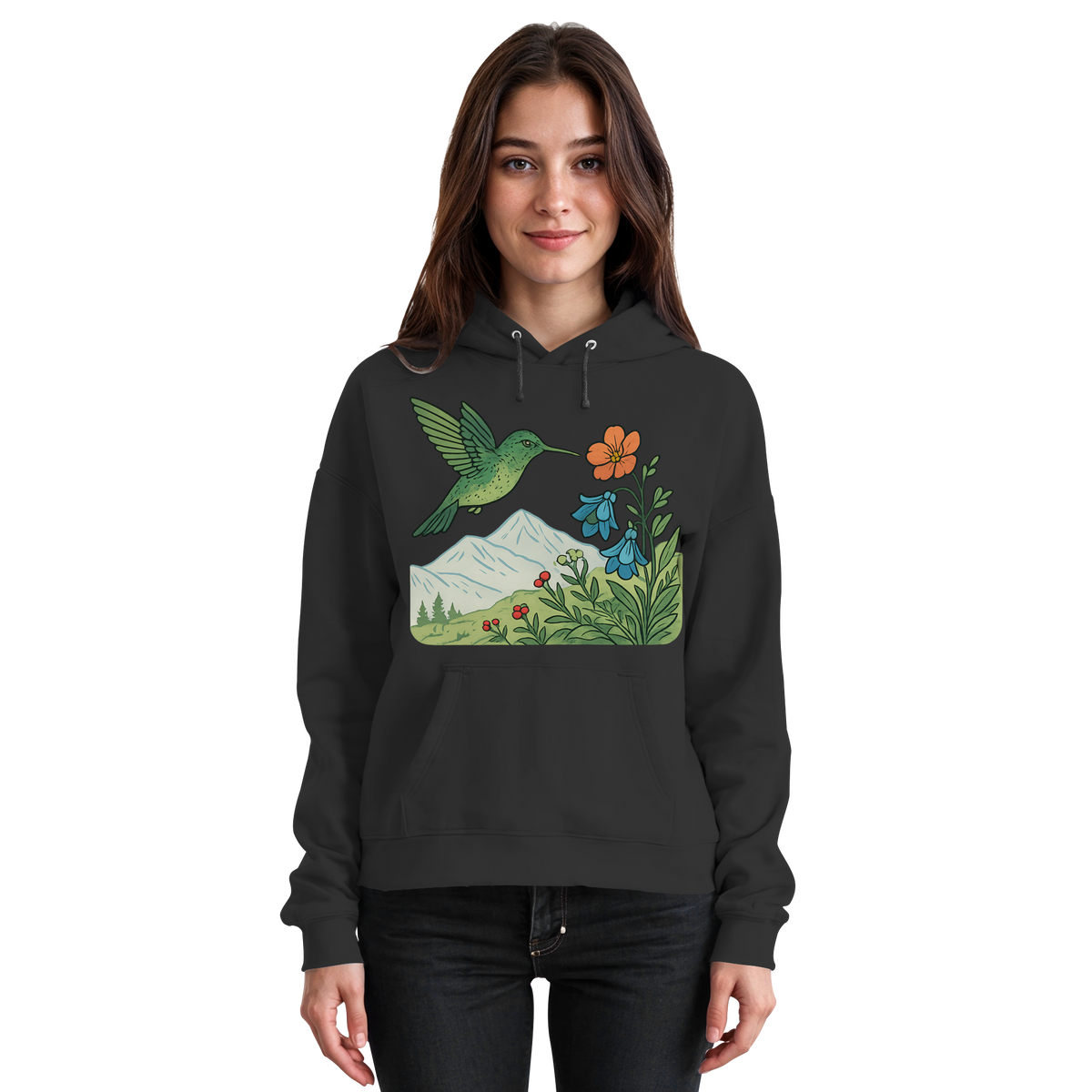 Front view of Arvenzo Bloom Wing Hoodie in deep black, unisex hoodie with a simple, stylish design and soft fabric.