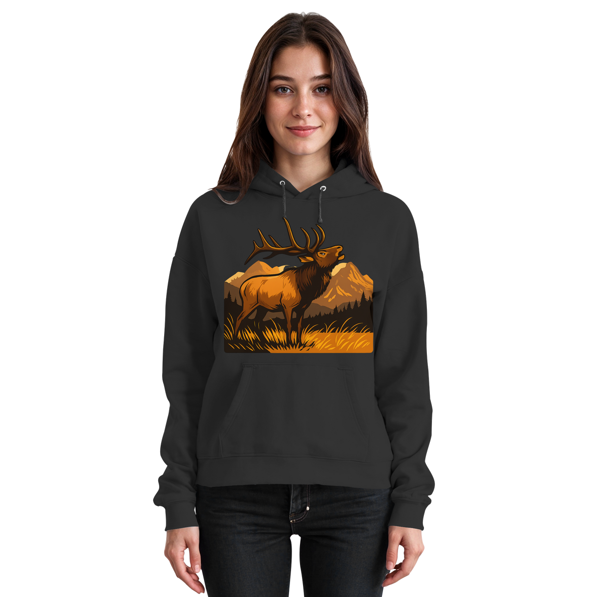 Black Arvenzo Elk Meadow Hoodie front view, unisex casual sweatshirt with a simple design and comfortable fit.
