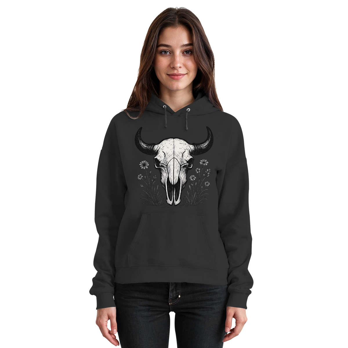 Black unisex hoodie by Arvenzo featuring a front design with a bison skull graphic, casual and comfortable for everyday wear.