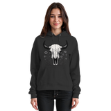 Black unisex hoodie by Arvenzo featuring a front design with a bison skull graphic, casual and comfortable for everyday wear.
