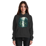 Front view of a unisex black Fall Creek Hoodie by Arvenzo, featuring a classic hood and simple design.
