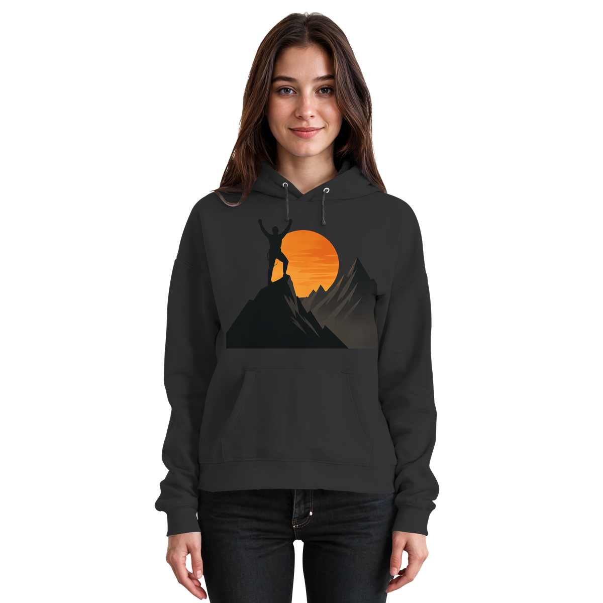 Black Arvenzo Bold Ascent hoodie, unisex front view showing a simple, comfortable design with a hood and front pocket.