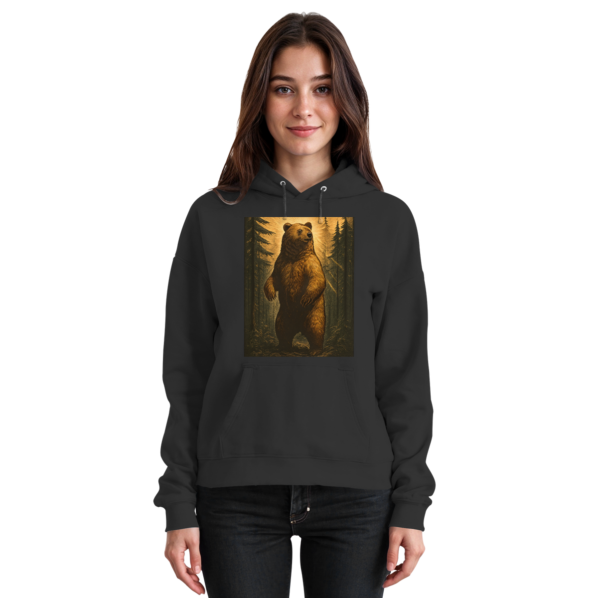 Front view of Arvenzo Deep Timber Hoodie in black, unisex design with a cozy hood and minimalist style.
