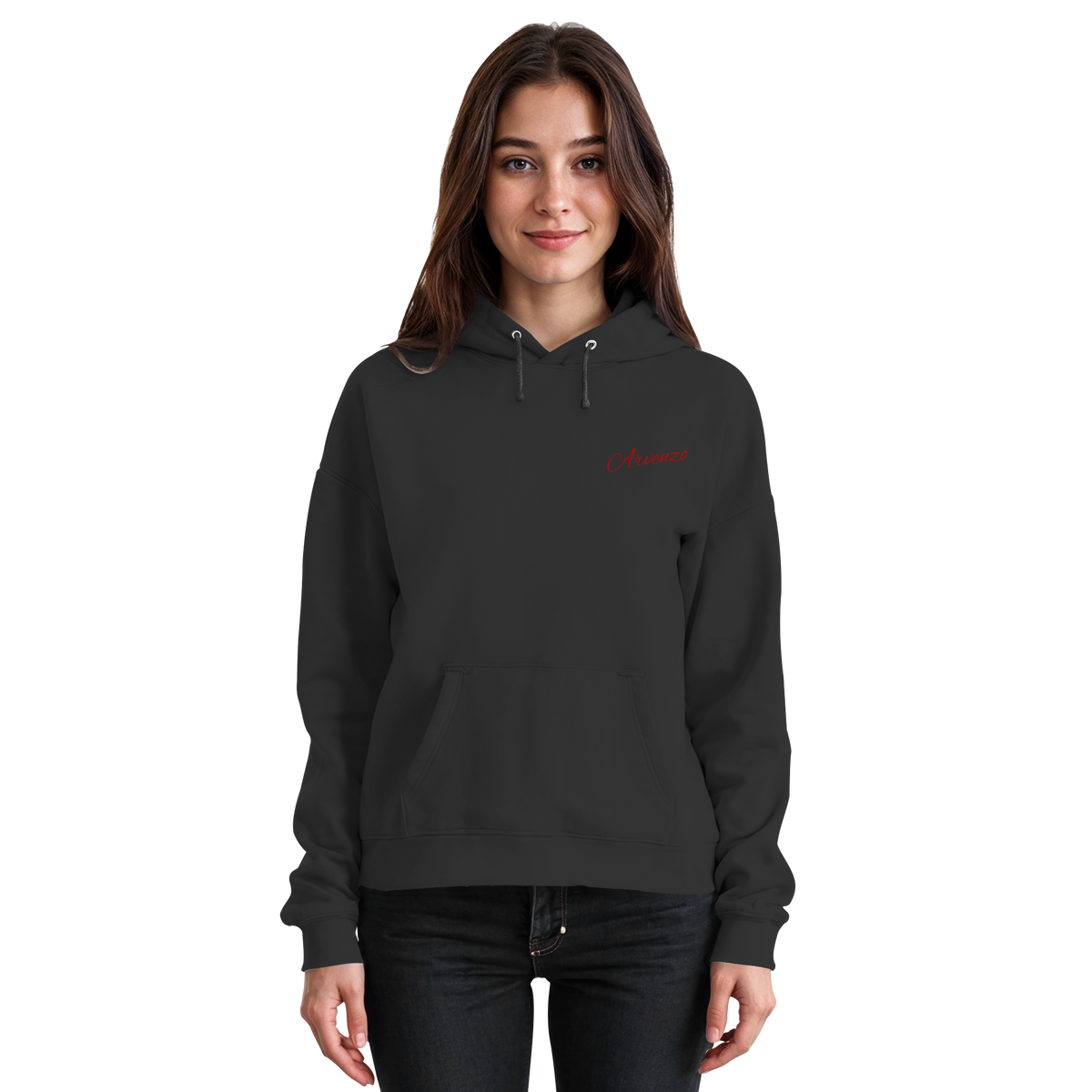 Front view of Arvenzo Pure Ground Hoodie, a basic unisex deep black hoodie with a simple design and comfortable fit.