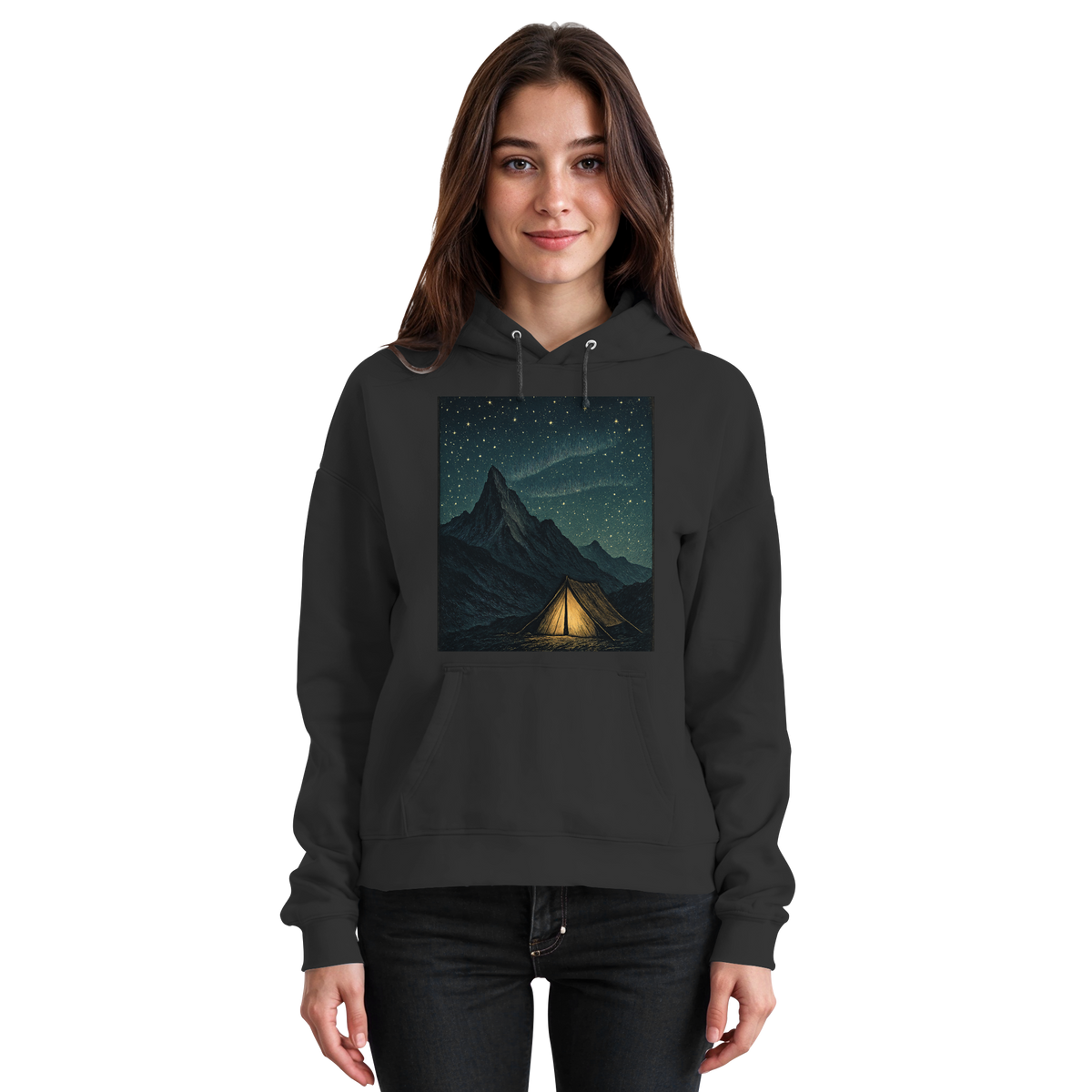 Black Arvenzo North Light unisex hoodie with front design, soft fabric, and comfortable fit.
