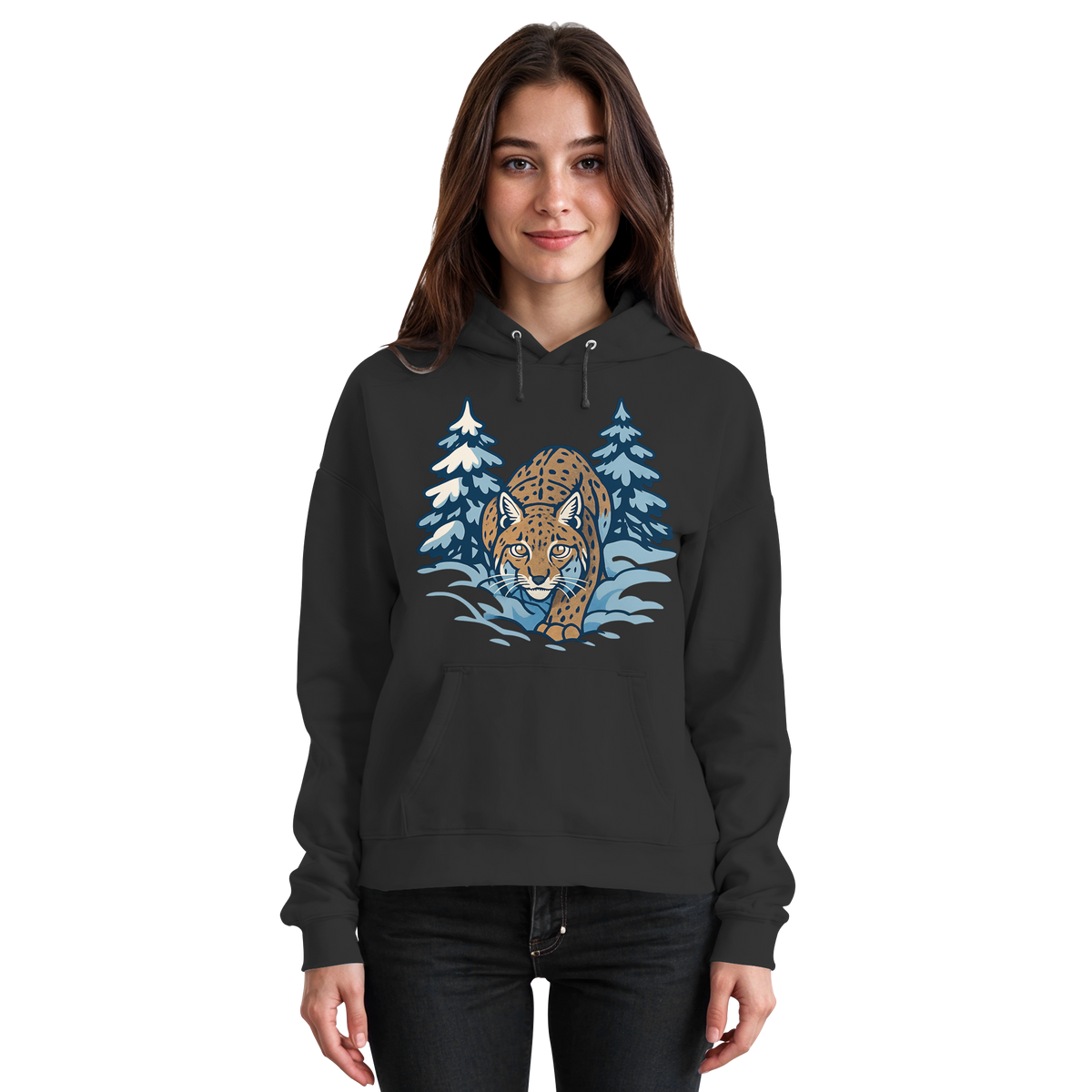 Front view of Arvenzo Snow Lynx Hoodie in deep black, unisex casual hoodie with a simple design and comfortable fit.
