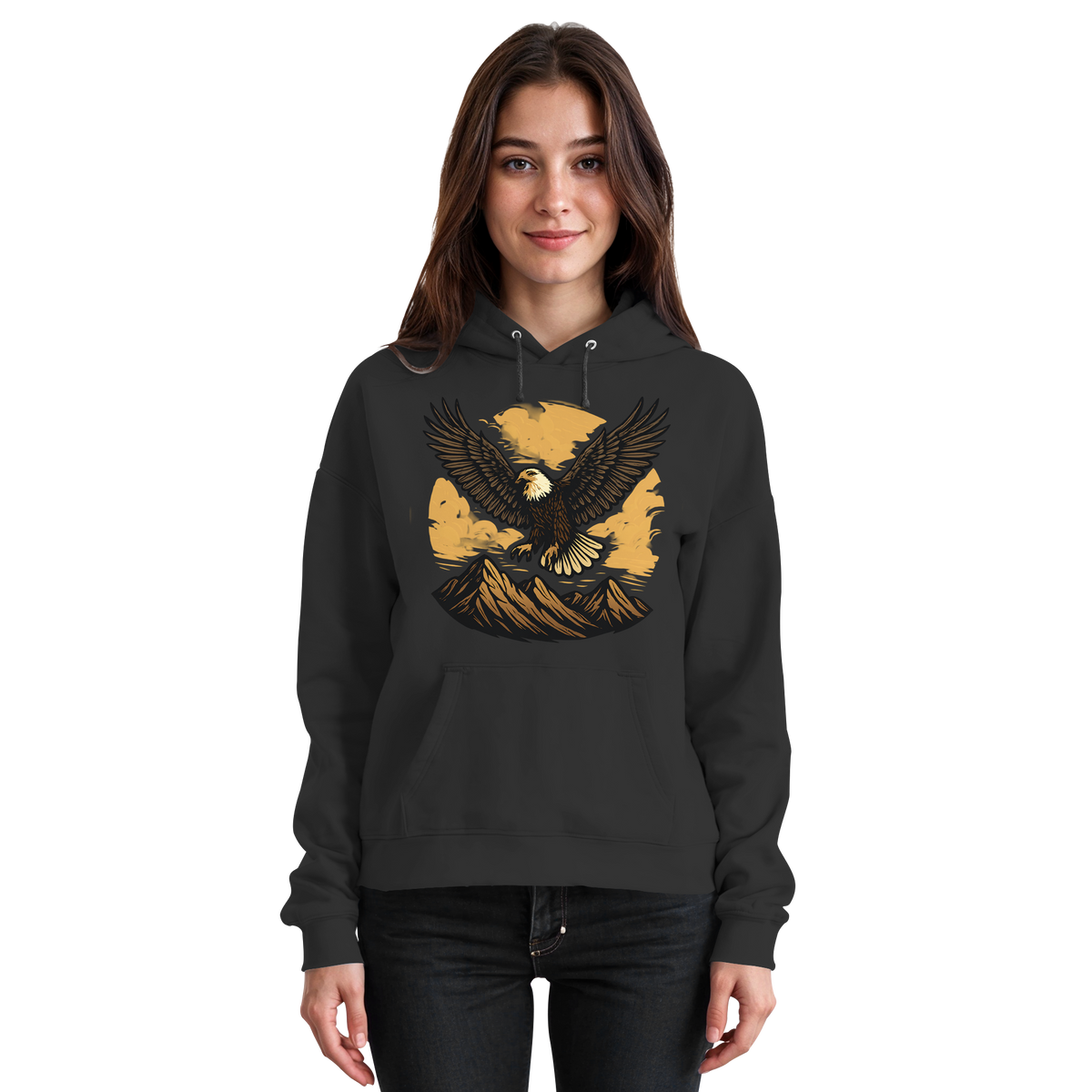 Front view of Arvenzo Iron Wing hoodie in deep black, unisex design with a basic fit and iron wing graphic on the chest.