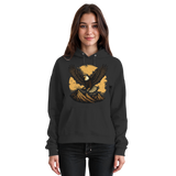 Front view of Arvenzo Iron Wing hoodie in deep black, unisex design with a basic fit and iron wing graphic on the chest.