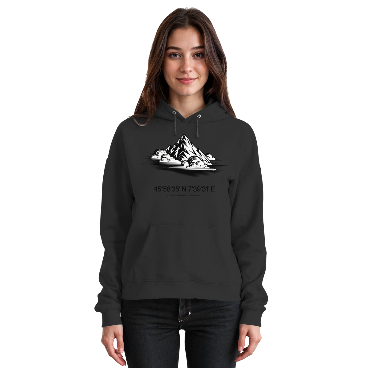 Front view of Arvenzo Summit Point Hoodie, a unisex deep black hoodie with a simple, clean design and a front pocket.