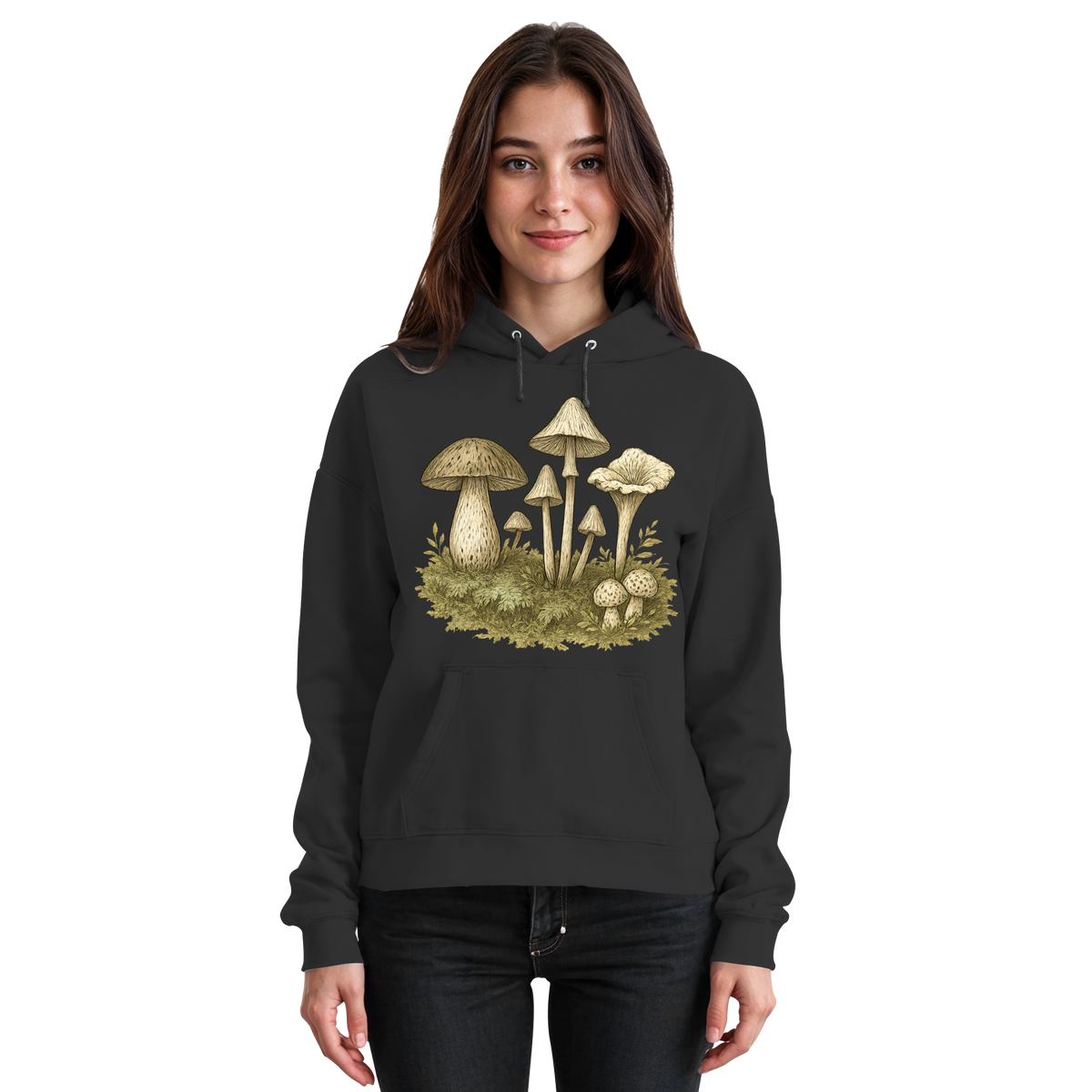 Black unisex Forest Floor Hoodie by Arvenzo featuring a front design, casual fit, and soft fabric for everyday comfort.