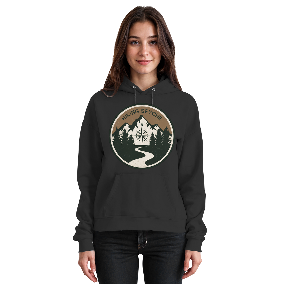 Front view of Arvenzo Trail Crest Hoodie, a unisex black hoodie with a simple, classic design and comfortable fit.