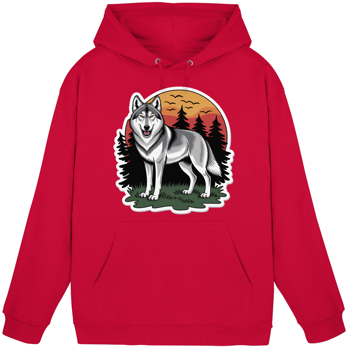 Front view of Arvenzo Lone Dusk unisex hoodie in fire red with a simple design and adjustable drawstrings.