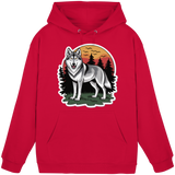 Front view of Arvenzo Lone Dusk unisex hoodie in fire red with a simple design and adjustable drawstrings.