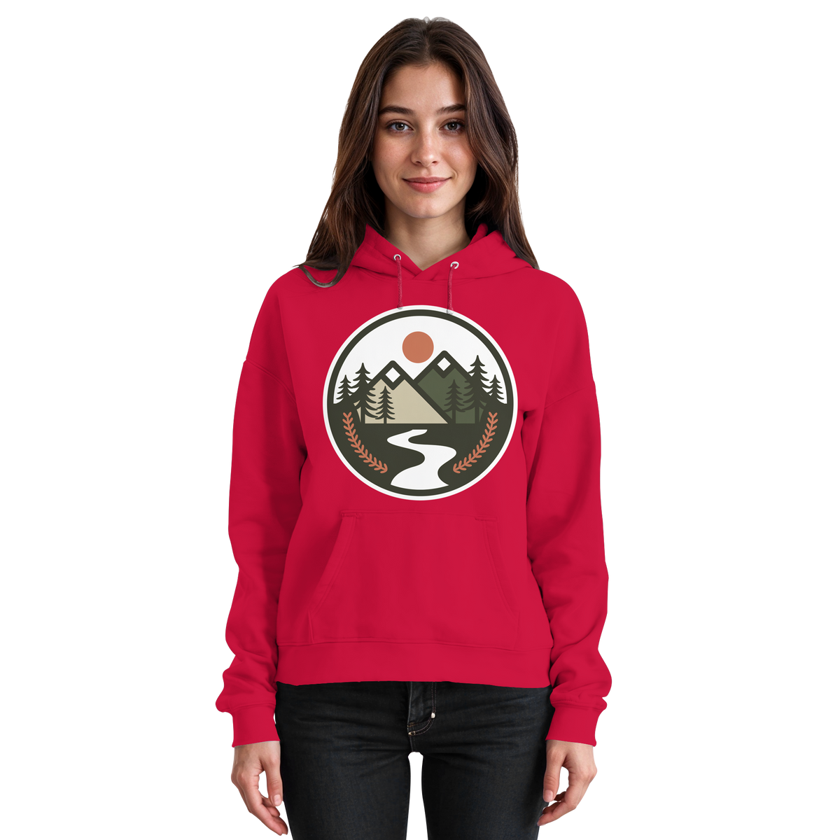 Fire red open ground hoodie by Arvenzo, front view of a basic unisex hoodie with a hood and long sleeves.