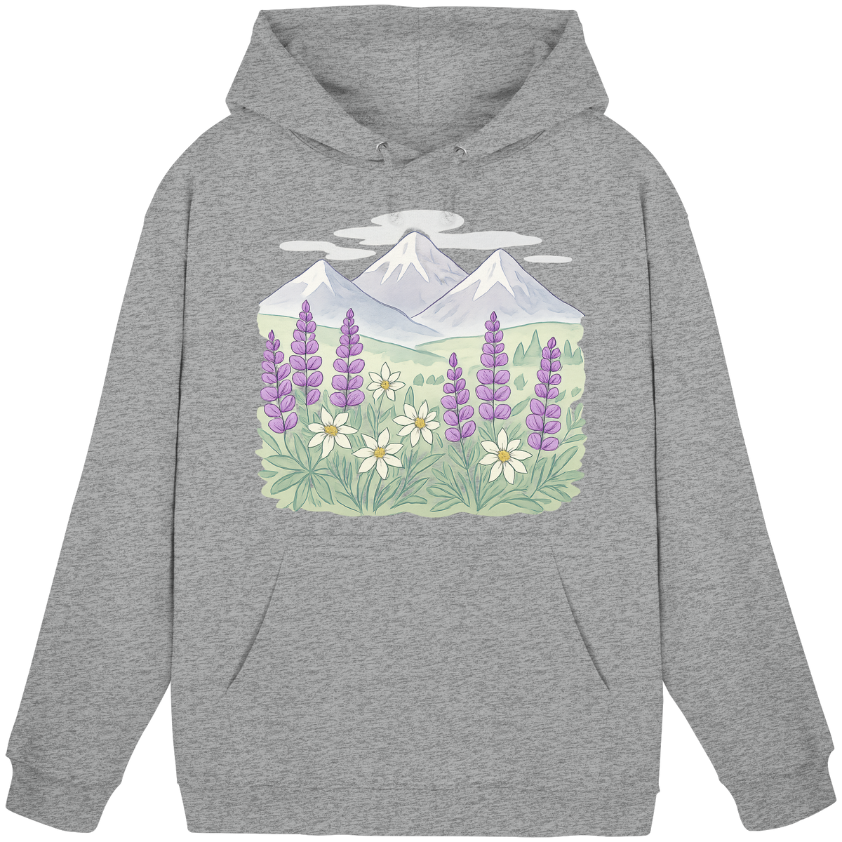 Unisex Heather Grey Alpine Bloom Hoodie by Arvenzo, front view showing hoodie with simple design and soft fabric.