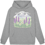 Unisex Heather Grey Alpine Bloom Hoodie by Arvenzo, front view showing hoodie with simple design and soft fabric.