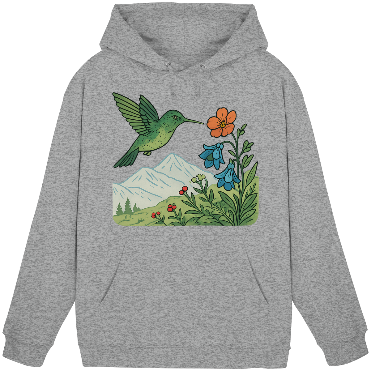 Unisex Heather Grey Bloom Wing Hoodie by Arvenzo showing a front view with a relaxed fit and casual style.