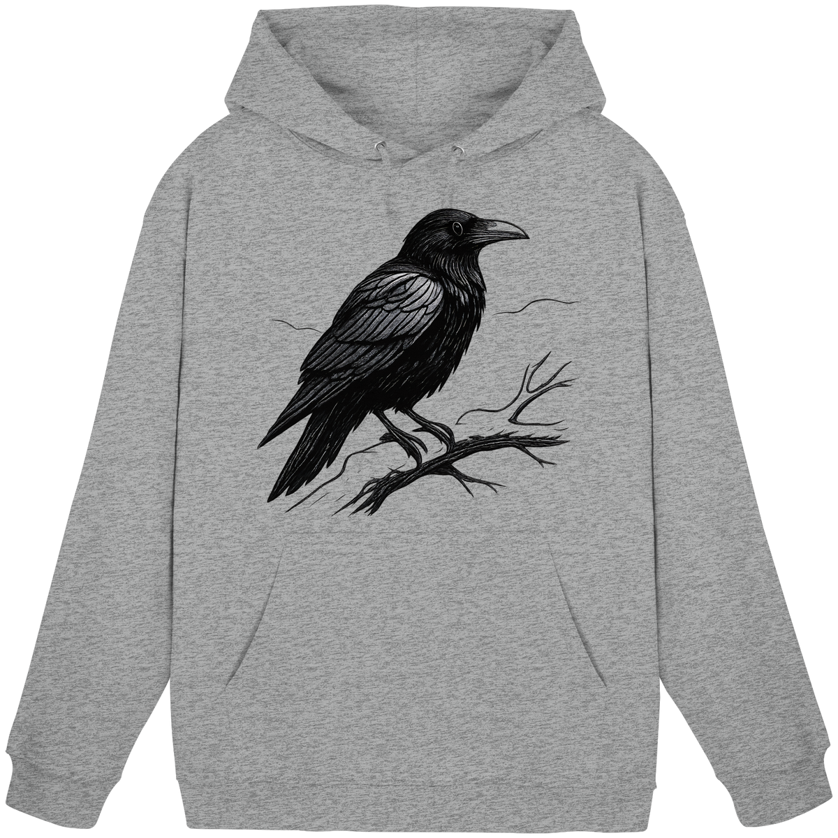 Unisex Heather Grey Dark Raven Hoodie by Arvenzo, front view showing simple design and comfortable fit.