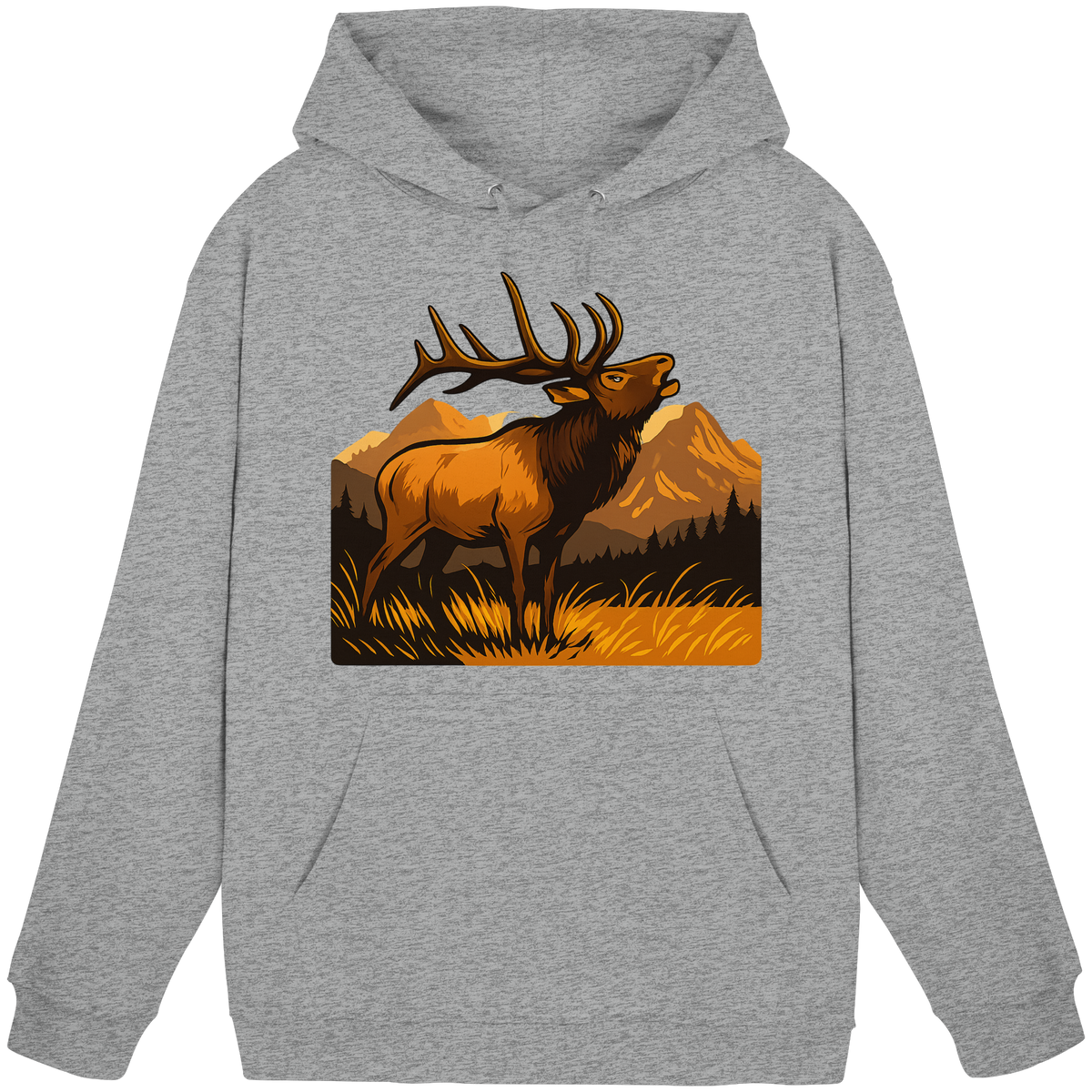 Arvenzo Elk Meadow hoodie in heather grey, front view of a unisex casual hoodie with a simple design.