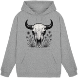 Unisex heather grey hoodie featuring a front Bison Skull design by Arvenzo, casual and comfortable streetwear style.