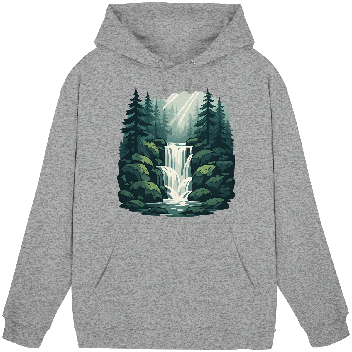Unisex Heather Grey Fall Creek Hoodie by Arvenzo, front view showcasing a casual, comfortable hoodie with a drawstring hood.