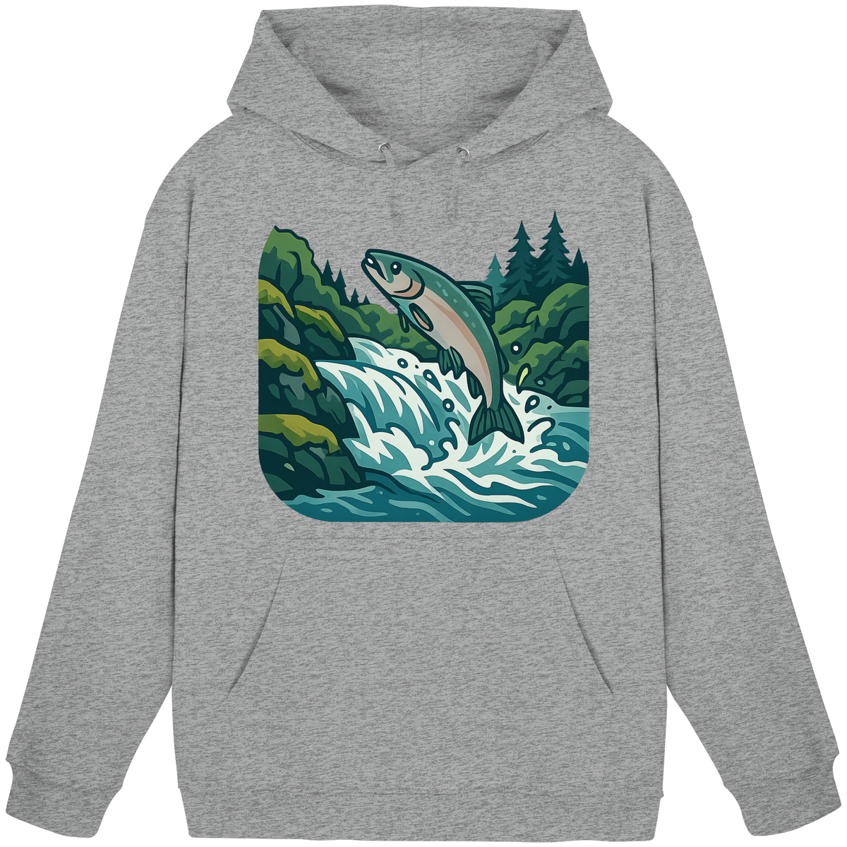 Unisex silver heather grey hoodie by Arvenzo with front design, casual fit, and drawstring hood, displayed on a plain background.