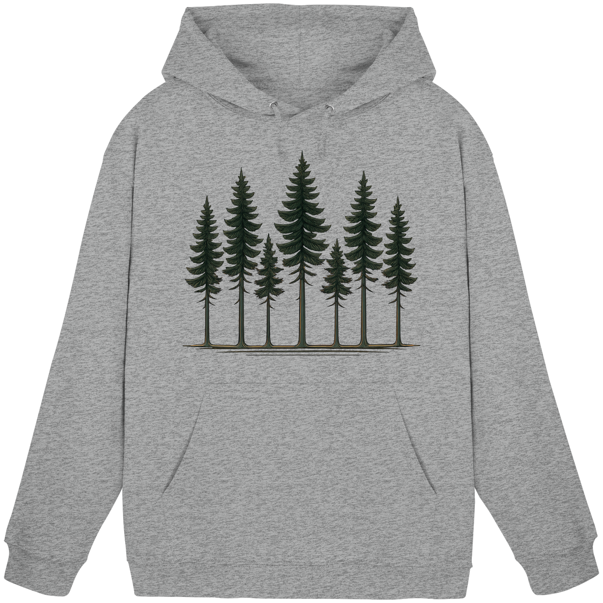 Unisex Heather Grey Pine Dusk Hoodie by Arvenzo, front view showing minimalist design and comfortable fit.