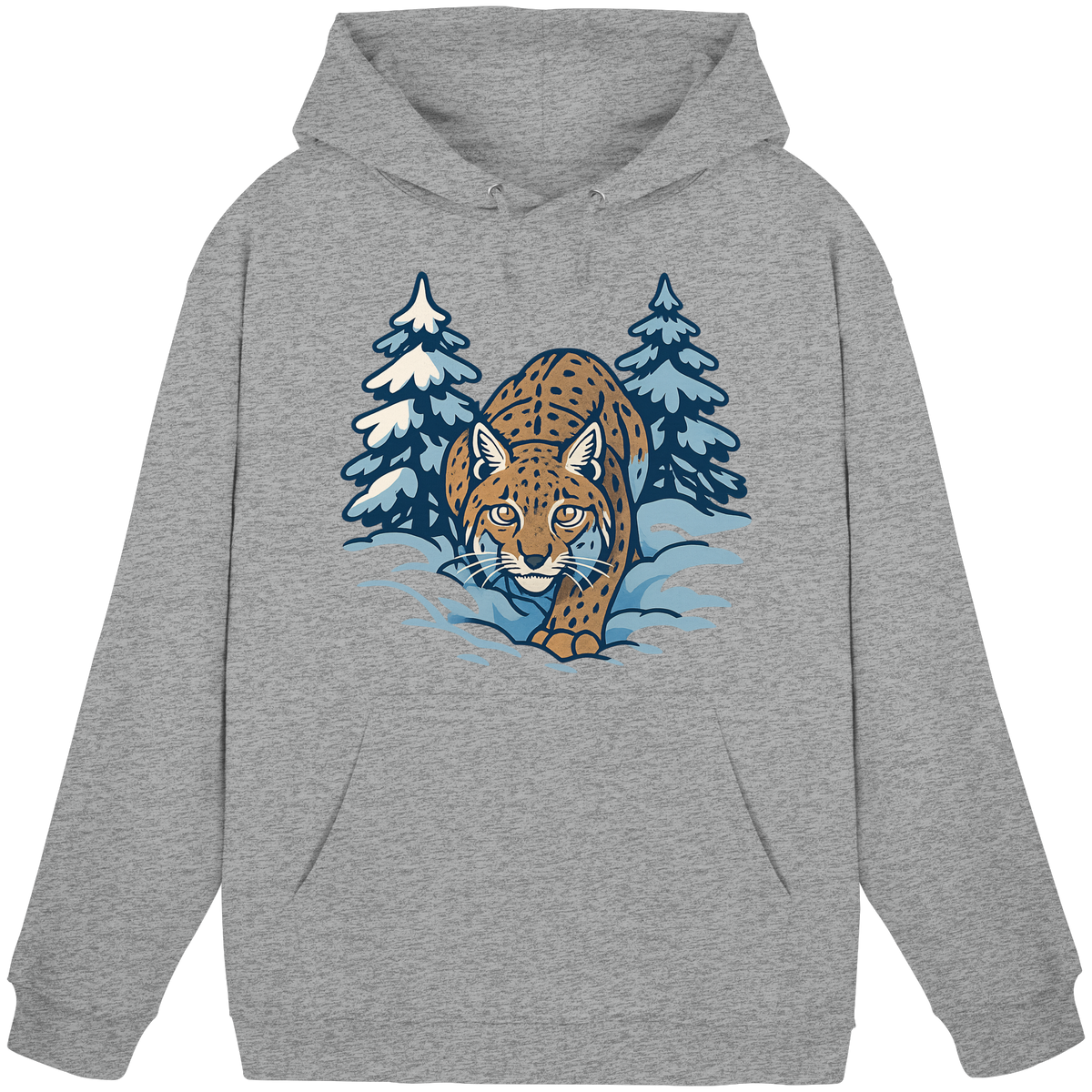 Unisex Heather Grey Snow Lynx Hoodie by Arvenzo, front view showing its cozy design and casual fit.
